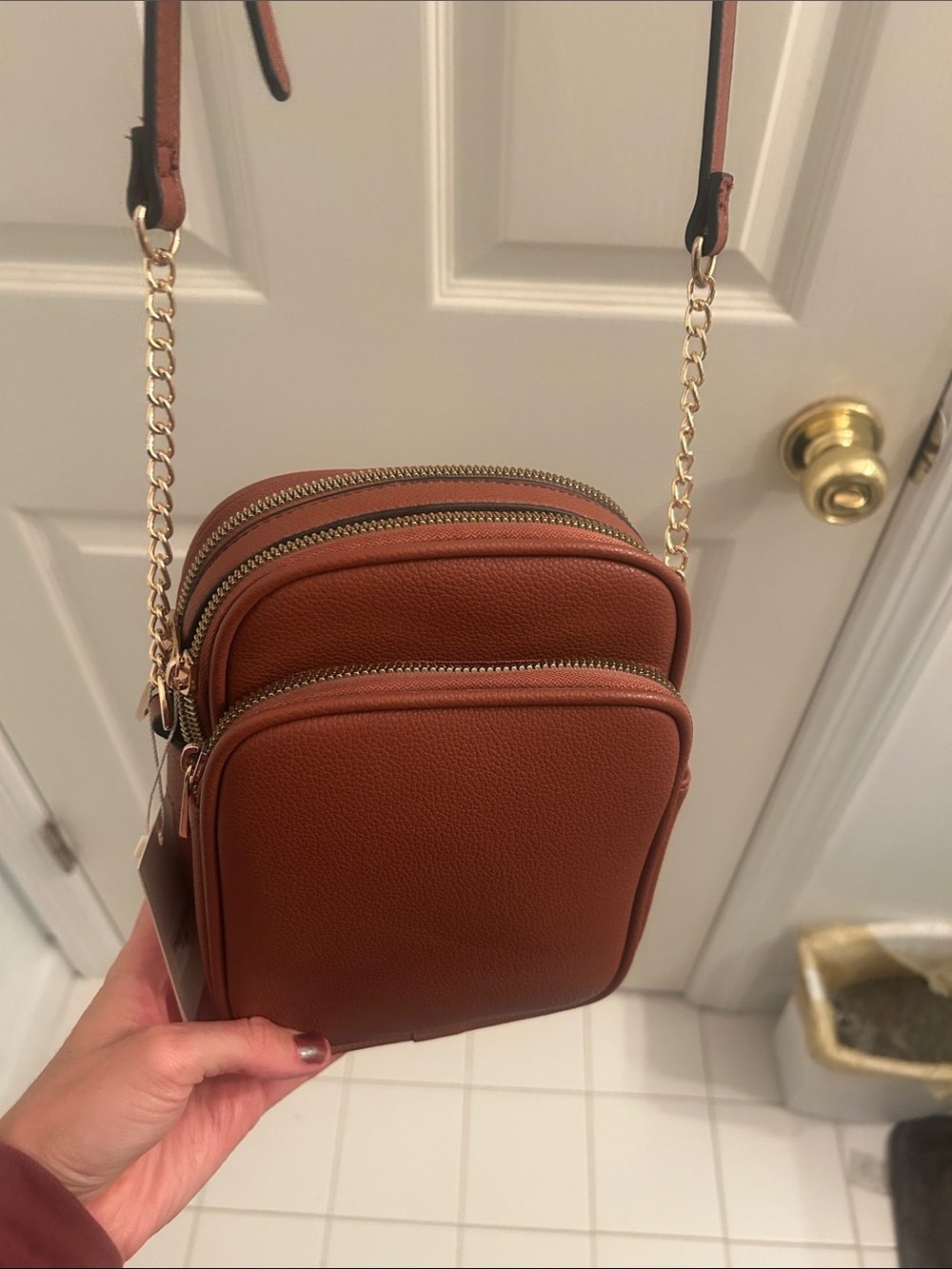 Women's Brown Crossbody Phone Bag with Gold Chain Accents